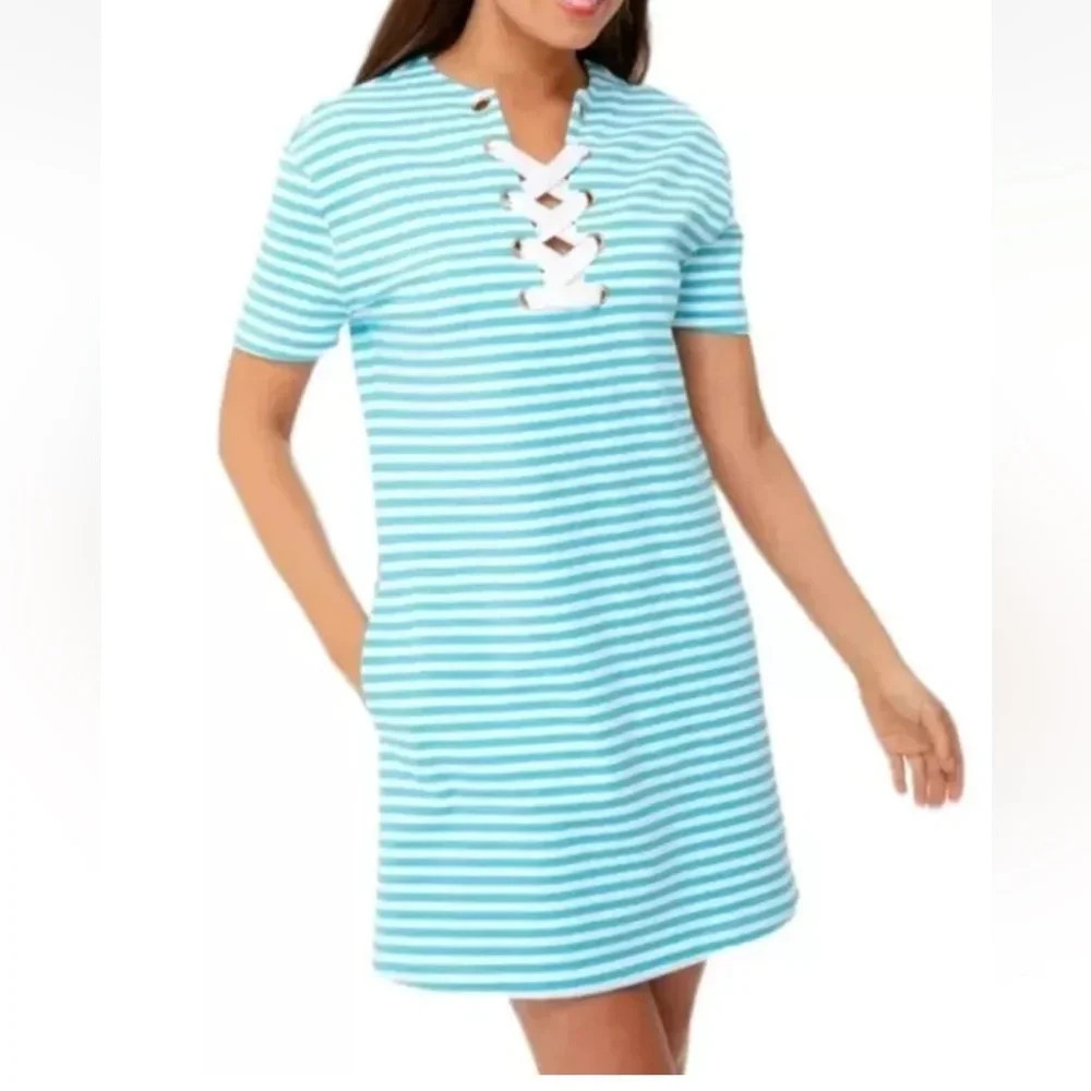 Persifor Anna Striped Italian Knit Shift Dress in Turquoise & White - Size Large